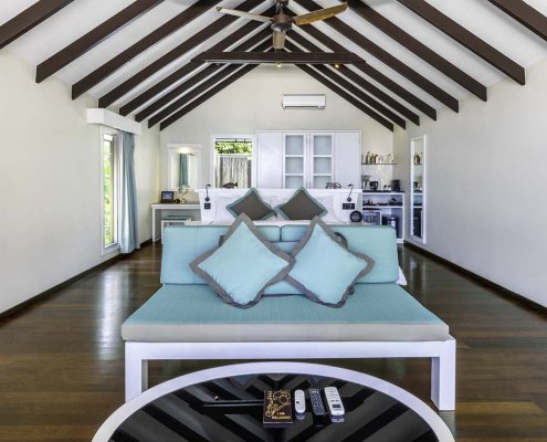 KUR_Deluxe_Beach_Villa_2025_04 Ocean views from the deluxe beach villa bedroom at Kuredu island resort & spa in The Maldives